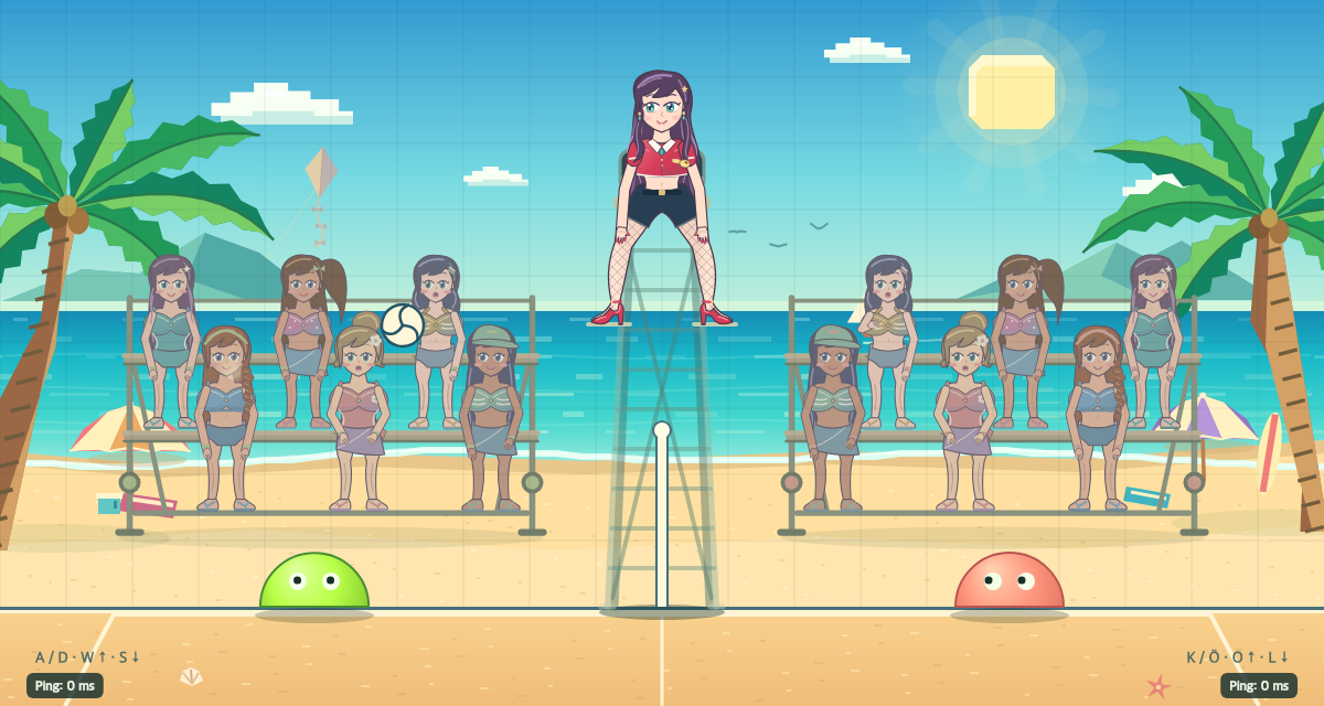Blolley am Strand: Ein grüner und ein roter Blob spielen Volleyball vor zwei Zuschauertribünen.